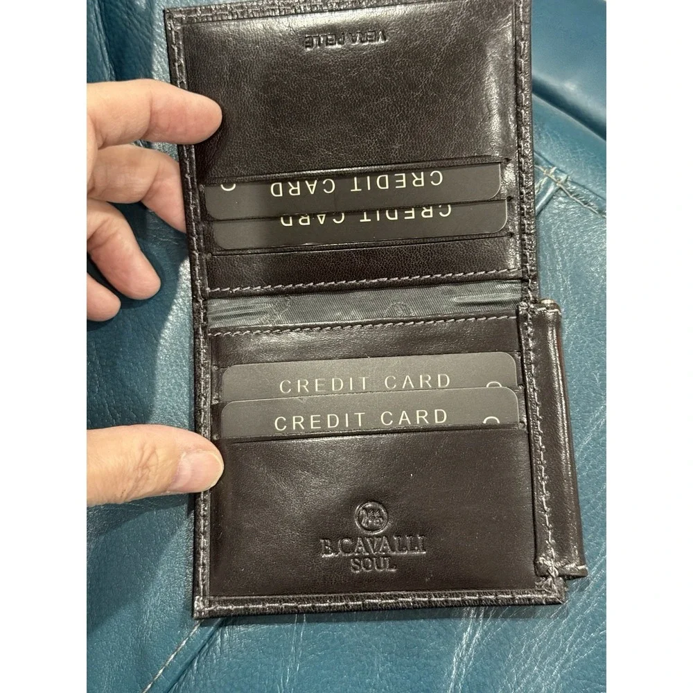 B. Cavalli Men's Brown Bifold Wallet Money Clip Card Slots Logo‎ Accent